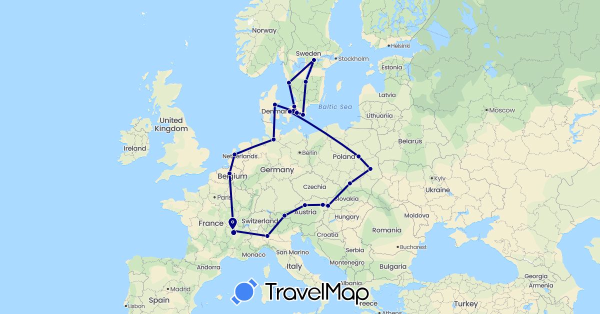 TravelMap itinerary: driving in Austria, Belgium, Germany, Denmark, France, Italy, Netherlands, Poland, Sweden (Europe)